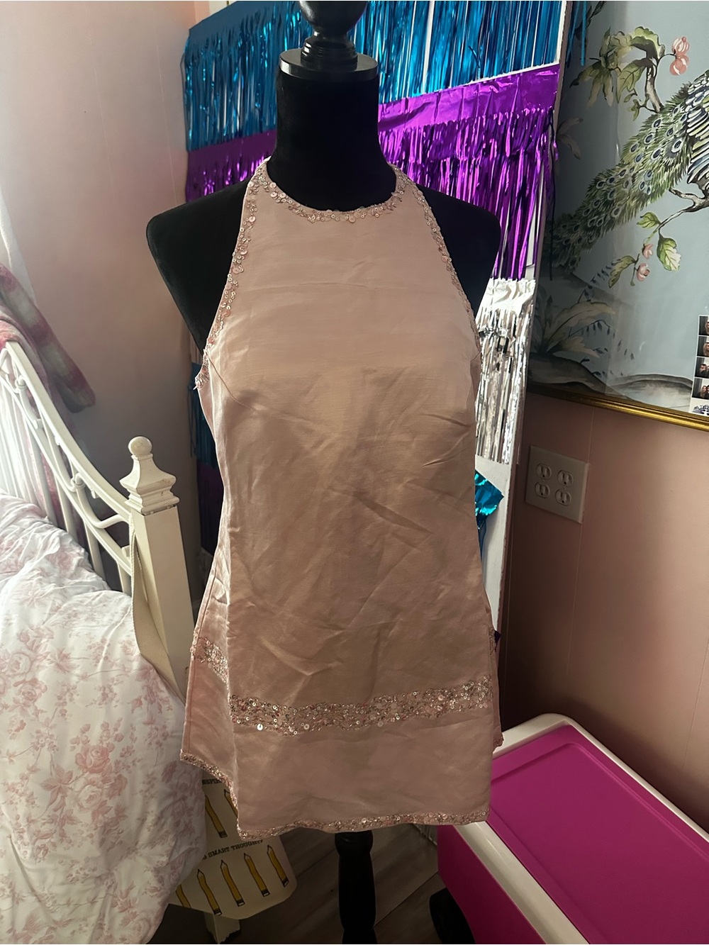 Asta resort Marianna Halter Mini Dress in Blush Pink with Sequin Trim